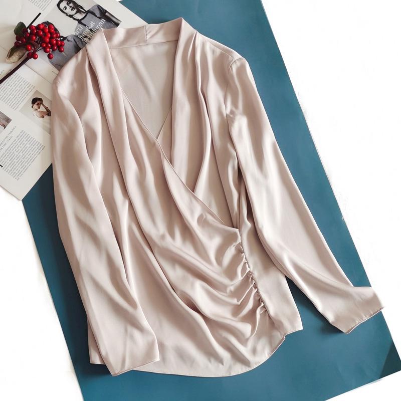Clearance Women's V-Neck Long-Sleeve Silk Shirt - Fashionable Cream Pink with Swing Collar