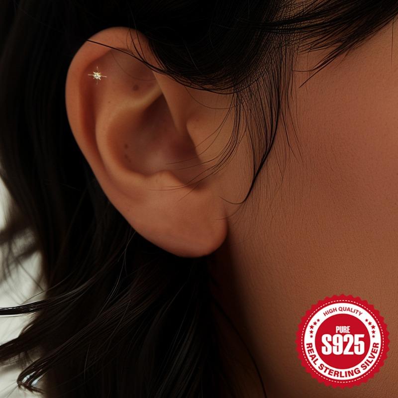 14K Gold Plated Solid 925 Sterling Silver Post Flat Back Stud Earrings for Women Cartilage Helix Piercing Cubic Zirconia Earring