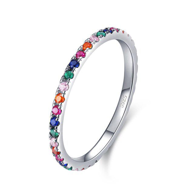 New Trendy Rainbow Simulated Diamond Stackable 925 Sterling Silver Eternity Ring for Women Wedding Finger Band Gift Z30