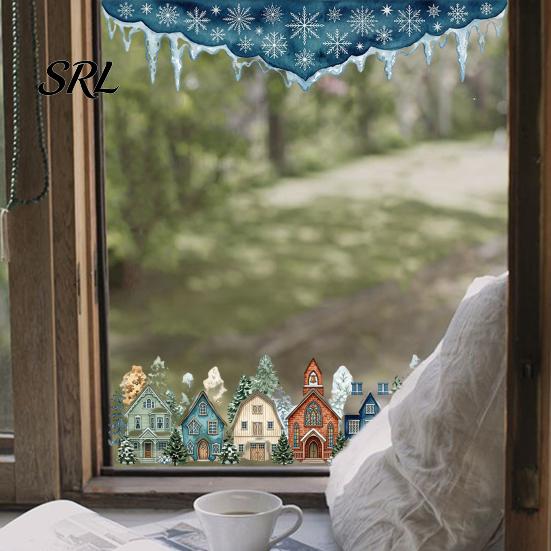 Weihnachtsfensterbilder Winterdorf Statische Aufkleber, Schneeflocke Schneemannhaus Partyzubehör Aufkleber, Abnehmbare Decals für Weihnachts-Schaufenster Haus