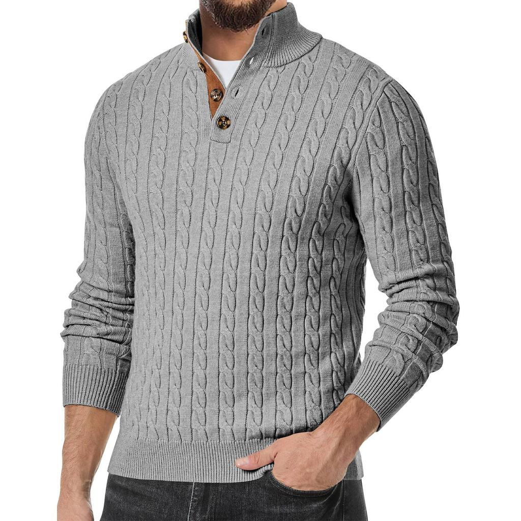 Men's Casual Sports Knit Sweater Slim Fit Button High Collar Patchwork Sweater
