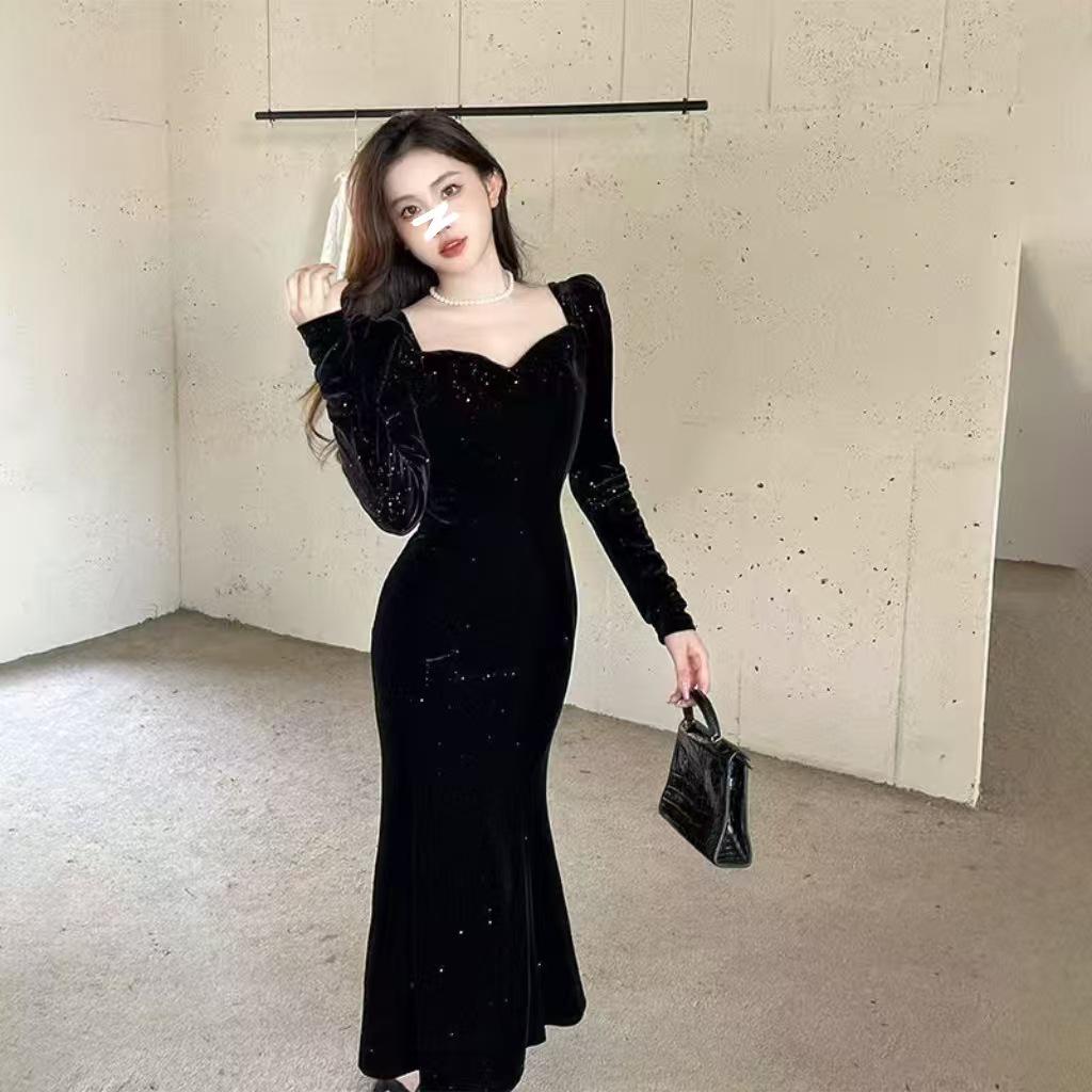

High-End Korean Style Black Velvet Slim Fit Mermaid Dress with Square Neck and Long Sleeves - Elegant Evening Gown for Women M чёрный