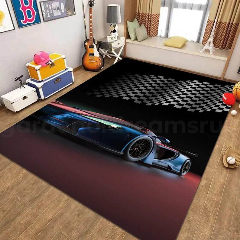 Tappeto Tappetino Tappeto Pista da Corsa per Bambini Design Curva 3D con Macchina da Corsa Bandiera a Scacchi Decorazione per la Casa Tappeti per Camera da Letto