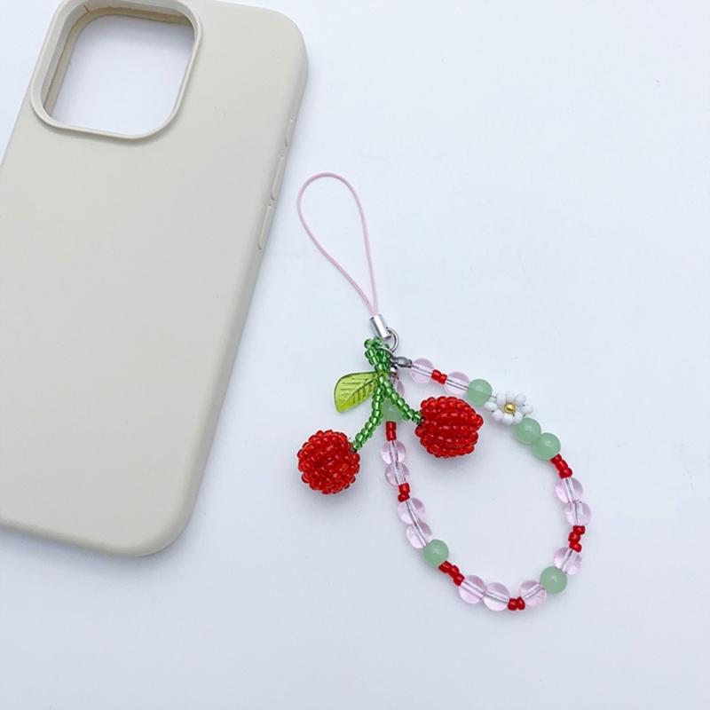 Fashion Beaded Cherry Phone Charm Straps Car Keys Hanging Pendants Y2K Style Bag Decoration Lanyard Purse Accessories