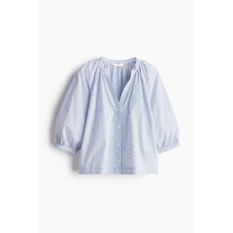 

HM Женская одежда Рубашки 2025 Лето Новинка Рукав-фонарик V-образный вырез Свободный Французский стиль Повседневный Поплиновая блузка 1273994 White/Blue Stripes 165/96