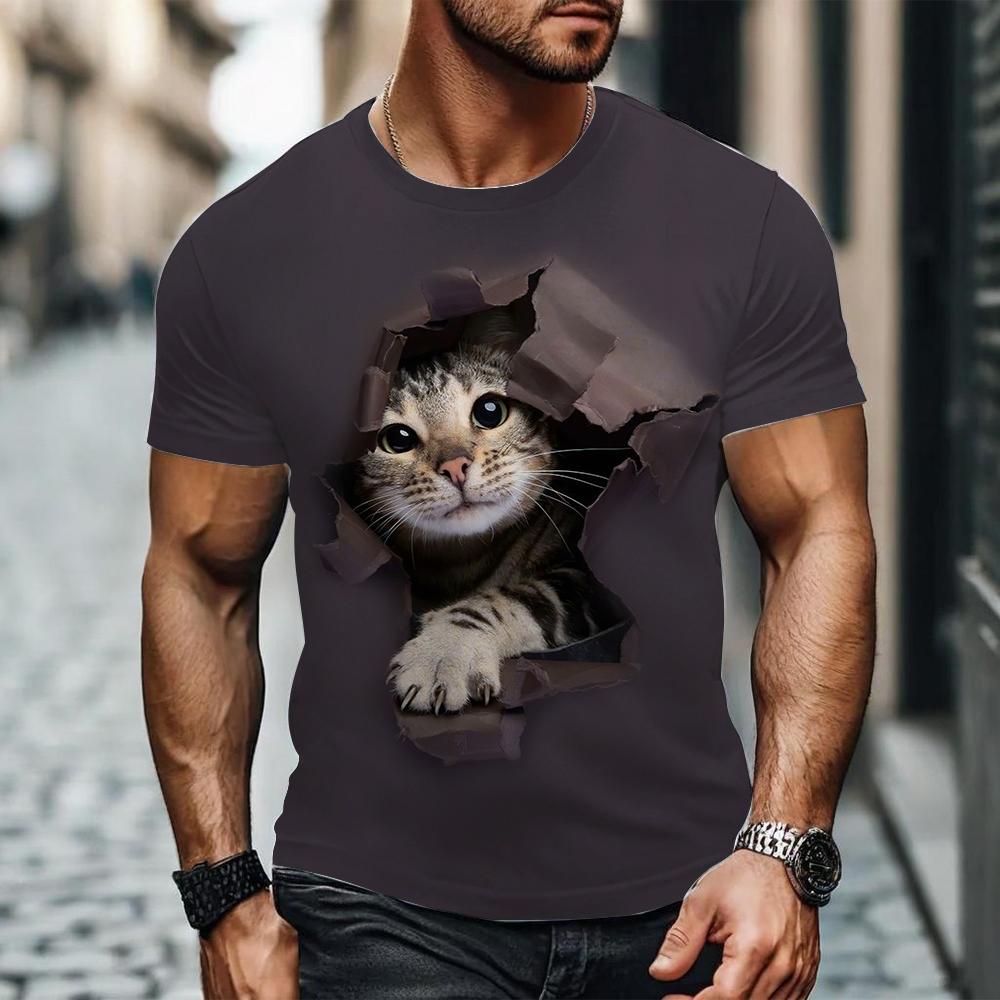 Letní Pánská Trička s Krátkým Rukávem s 3D Potiskem Kreslené Kočky s Kulatým Výstřihem