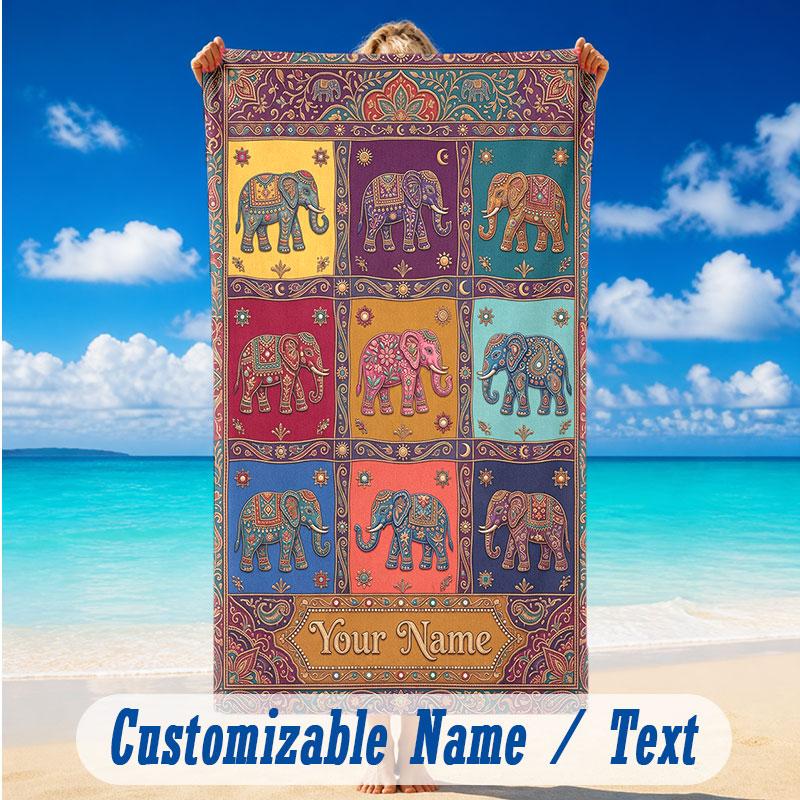 Elephant Theme Beach Towel Personalized Custom Name & Text Soft Quick Dry Beach Towel for Swimming Travel