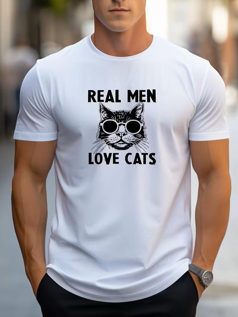 Men s Real Men Love Cats T-Shirt Funny Cat Dad Graphic Tee Gift Cotton Tee Top S разноцветный
