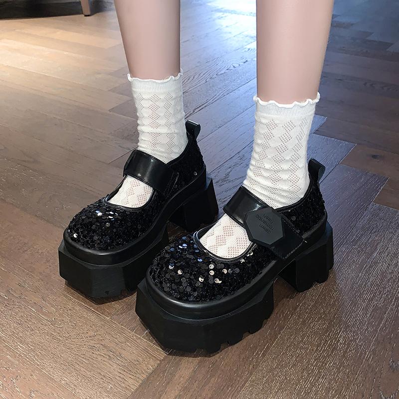 Fashion 8CM Blingbling Leather Chunky Heels Pumps Spring Summer Ankle Boots Mary Jane Chunky Heels comfort Platform Women Shoes