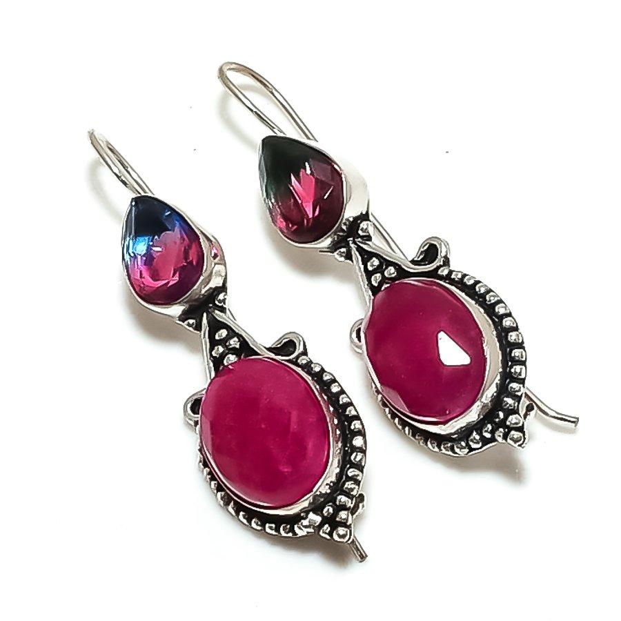 Ruby(Simulated), Tourmaline 925 Sterling Silver Earring 2.09" u7S14