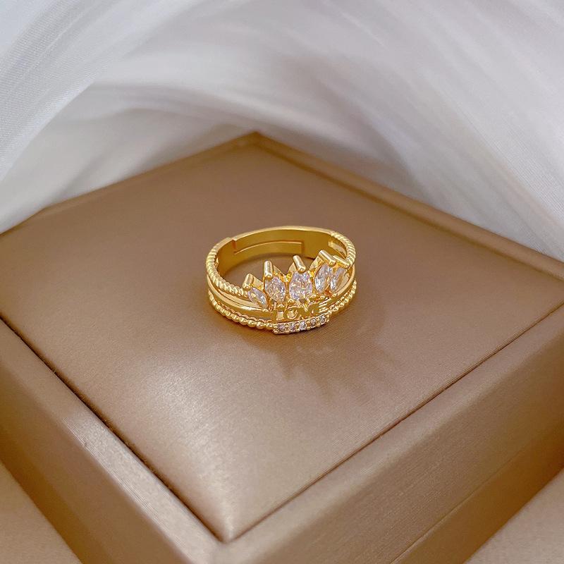 Real Gold Love Crown Full Diamond Ring Opening Adjustable Simple Jewelry Japanese Ring Couple Ring