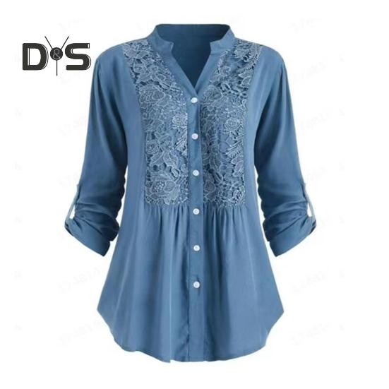 

Женская рубашка с запонками, V-образным вырезом, на пуговицах, средней длины, кружевная свободная блузка больших размеров с цветочной вышивкой, с длинными рукавами для поездок на работу, свиданий и повседневных поездок 4XL синий