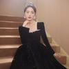 Black long-sleeved evening dress women's 1011 new velvet socialite court style sense annual art examination evening dress summer