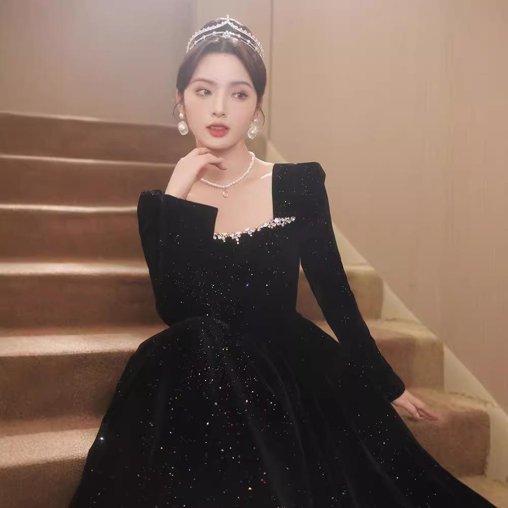 Black long-sleeved evening dress women's 1011 new velvet socialite court style sense annual art examination evening dress summer