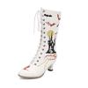 Fashion 2025 New Halloween Cosplay Boots Women Embroidery Witch Shoes Lace-up Kitten Heels Vintage Victorian Boots Party Woman