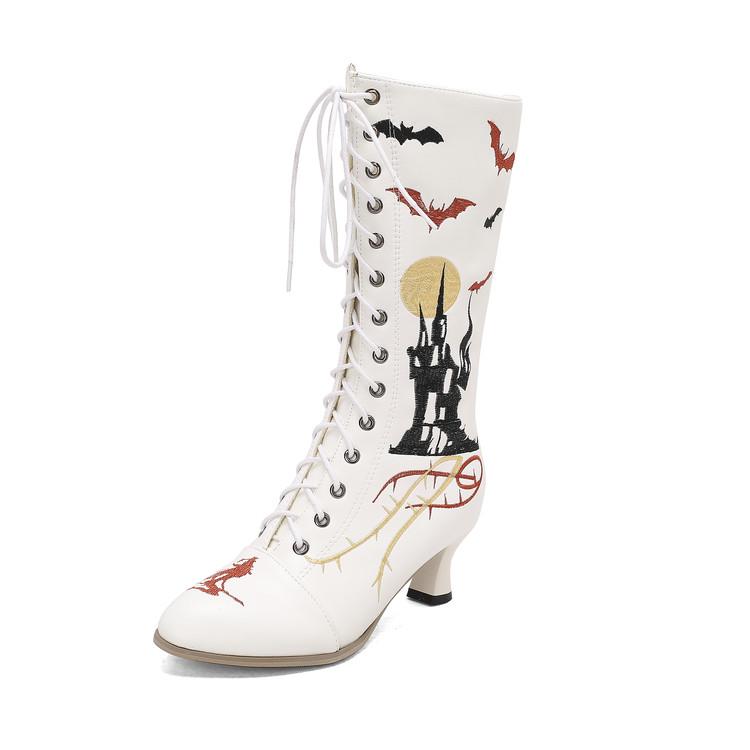 Fashion 2025 New Halloween Cosplay Boots Women Embroidery Witch Shoes Lace-up Kitten Heels Vintage Victorian Boots Party Woman