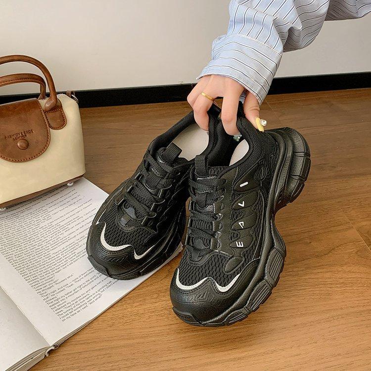 Cowhide version~ 4.5CM shock-absorbing leather thick-soled women's new mesh light sports dad shoes in autumn 2025