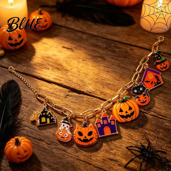 Black Cat Theme Accessory Halloween Charm Bracelets for Women Cute Spooky Pumpkin Ghost Castle Pendant Colorful Acrylic Jewelry Bracelet Adjustable