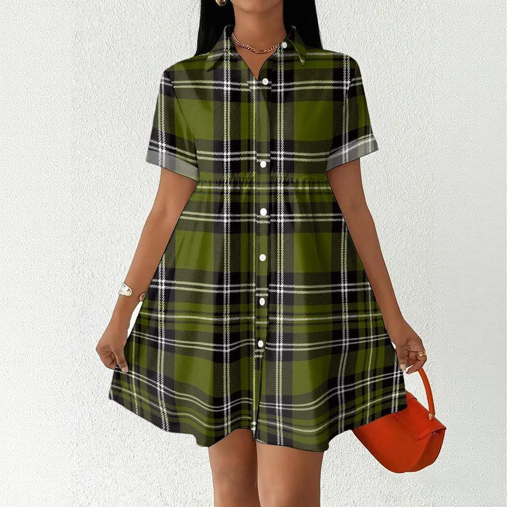 Casual Loose Fit Shirt Dress with Button Front and Stand Collar Short Sleeve Relaxed Fit Plaid Pattern Dress for Women