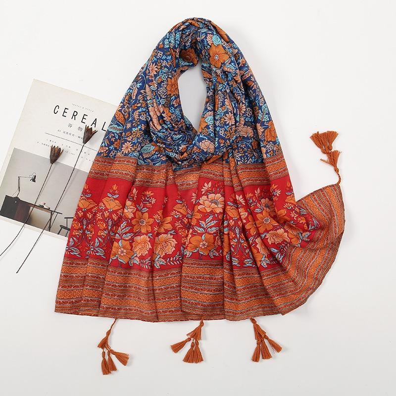 Spring and Autumn New Bali Yarn Tassel Retro Printed Geometric Scarf Versatile Fashion Travel Sunscreen Shawl Silk Scarf Women