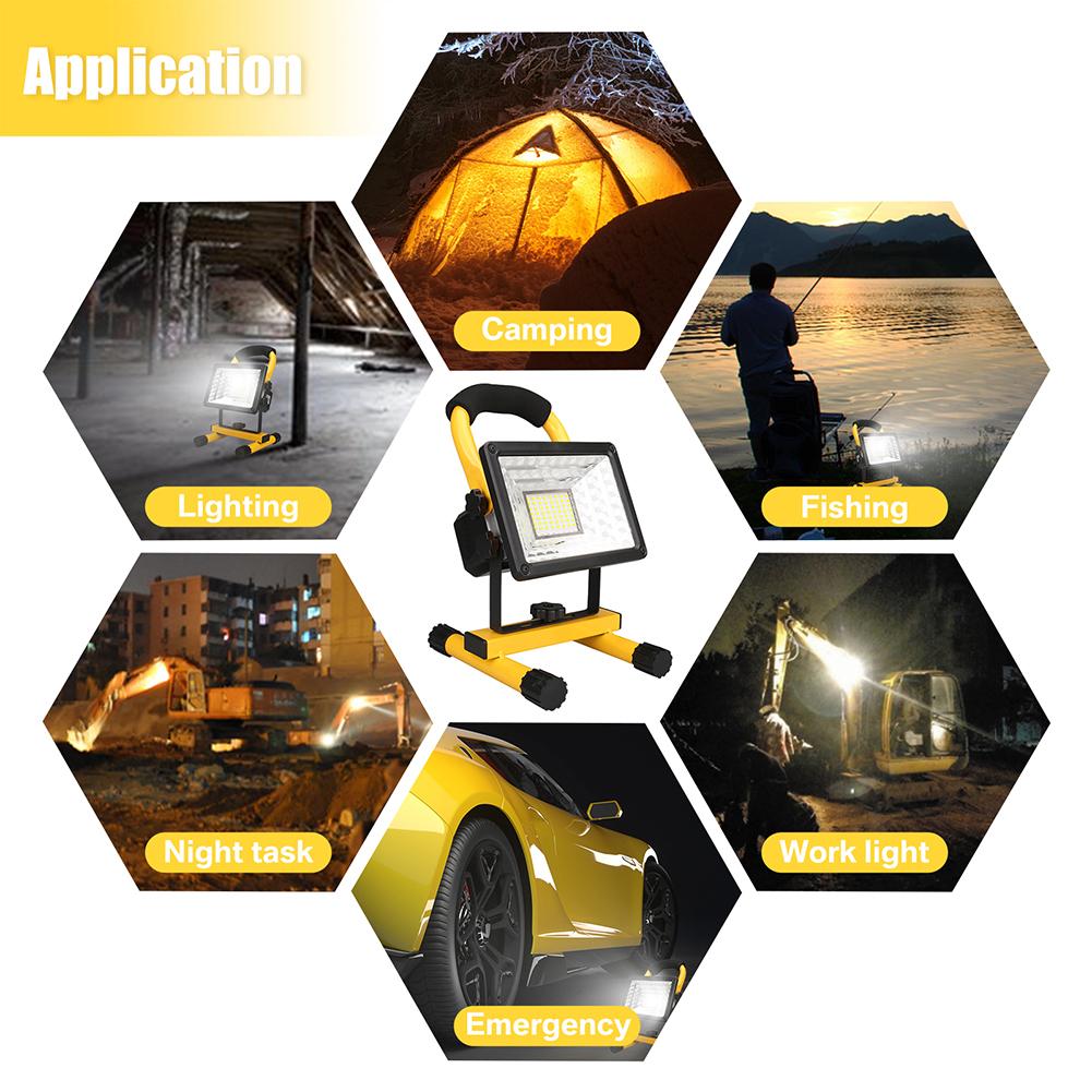 60W LED Portable Rechargeable Floodlight Waterproof Spotlight Battery Powered Searchlight Outdoor Work Lamp Camping Lantern