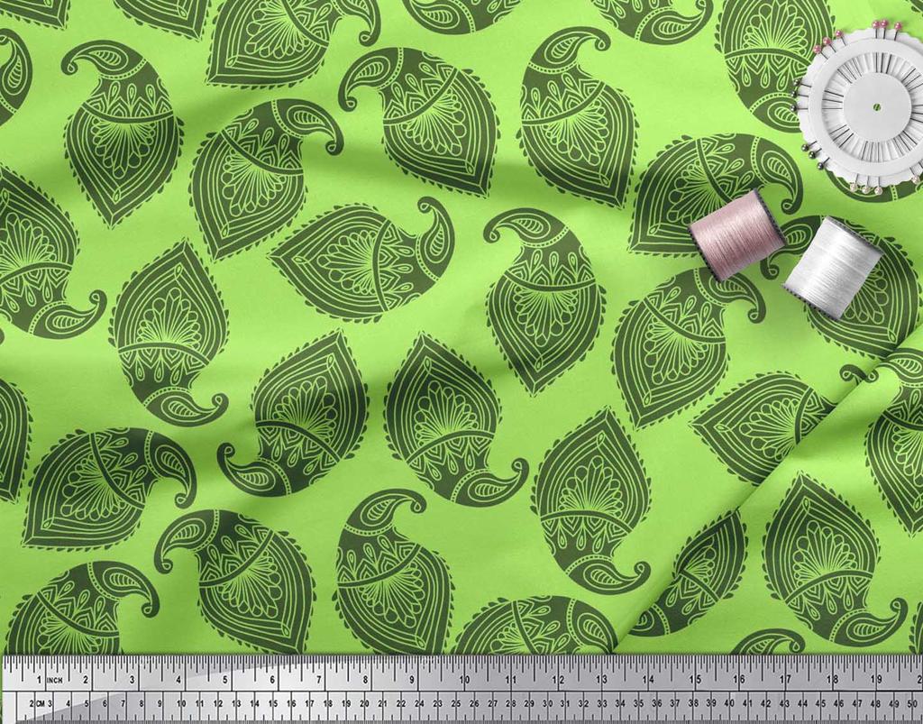 Soimoi Blue Japan Crepe Satin Fabric Green Paisley Printed Craft Fabric by the metre 42 Inch