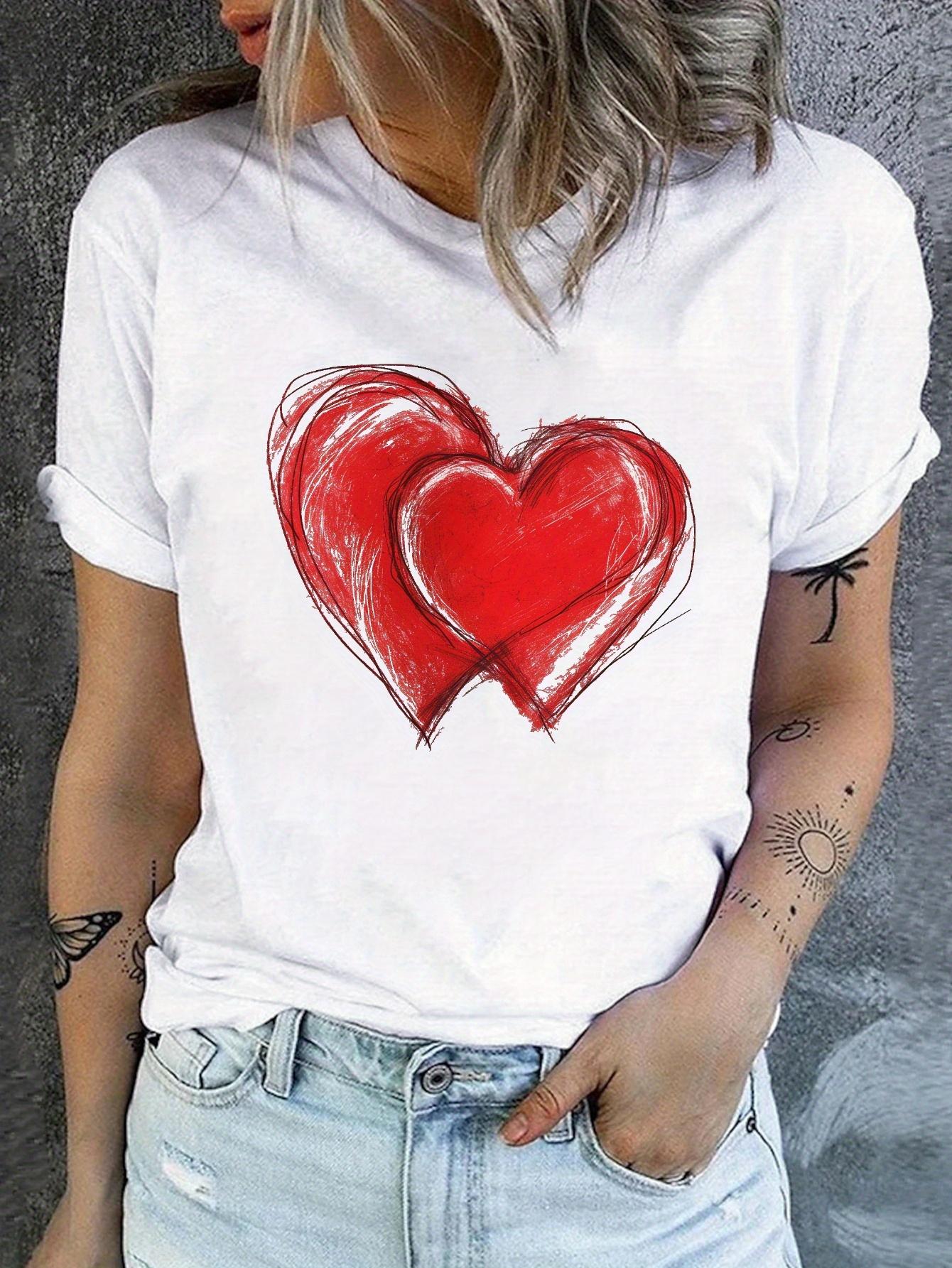

Womens Summer Casual and Fashionable Clothing Hearts Creative Fashion Design Printed Round Neck Tshirt for Aesthetic Clothes 4XL