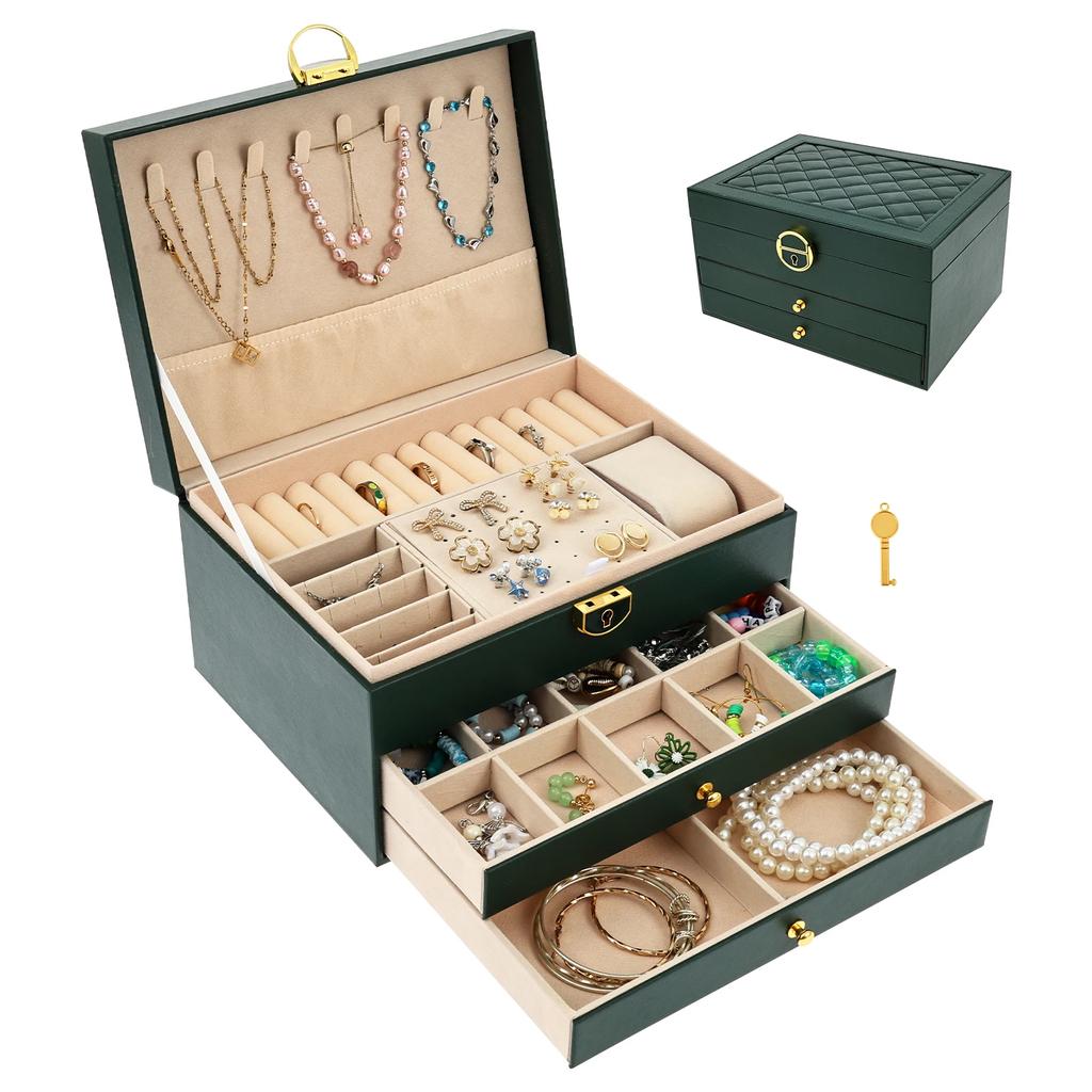 3 Layers Jewelry Box with 2 Drawers PU Leather Jewelry Storage Case Ideal for Necklace Bracelet Ring and Earring Organizer