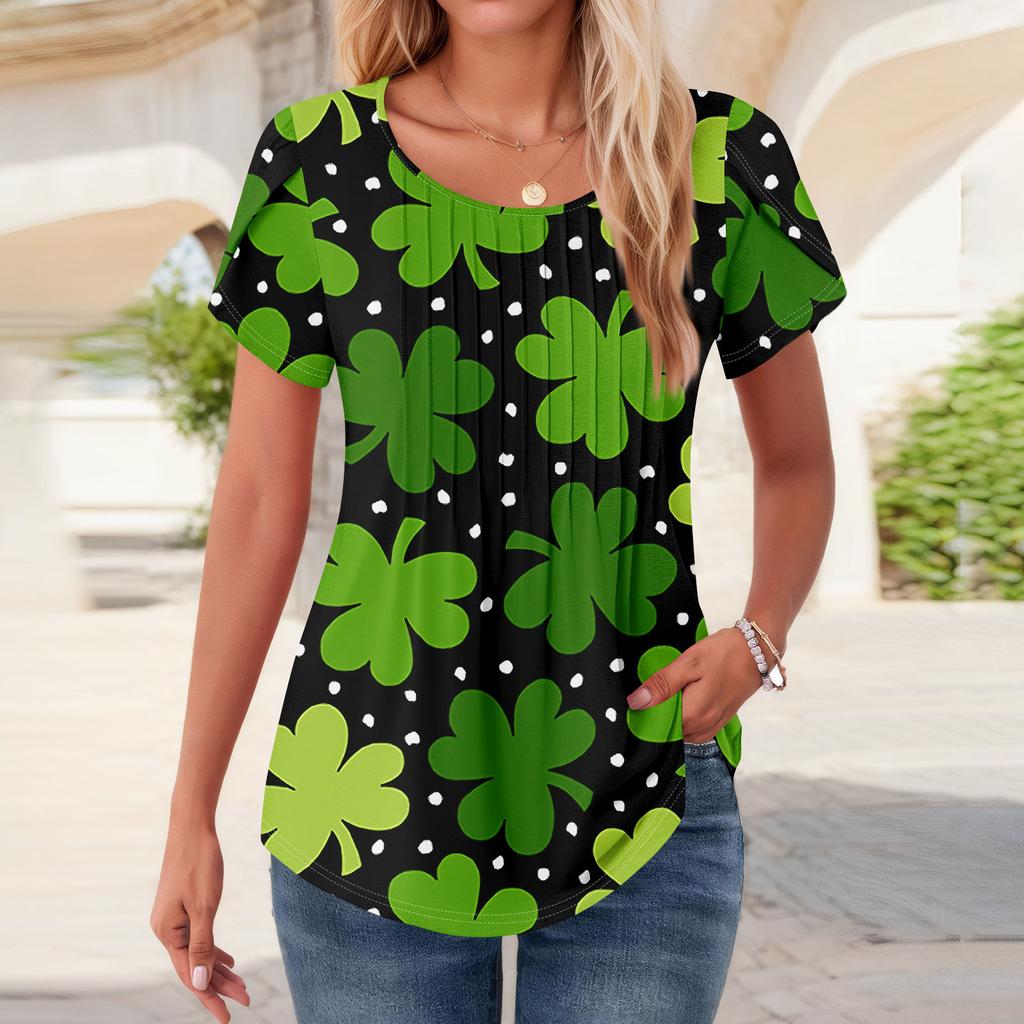 Womens Tops Petal Short Sleeve Summer Round Neck Shirts St. Patrick's Day Printing Blouses For Women Dressy Casual