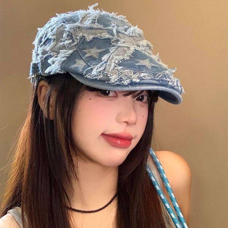 Denim star forward hat retro beret female face small reverse hat cowboy hat personality trend spring and autumn