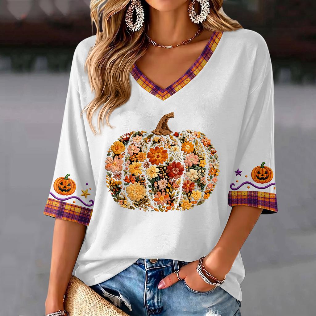 Women's V-Neck Halloween Print Lightweight Top for Spring and Summer