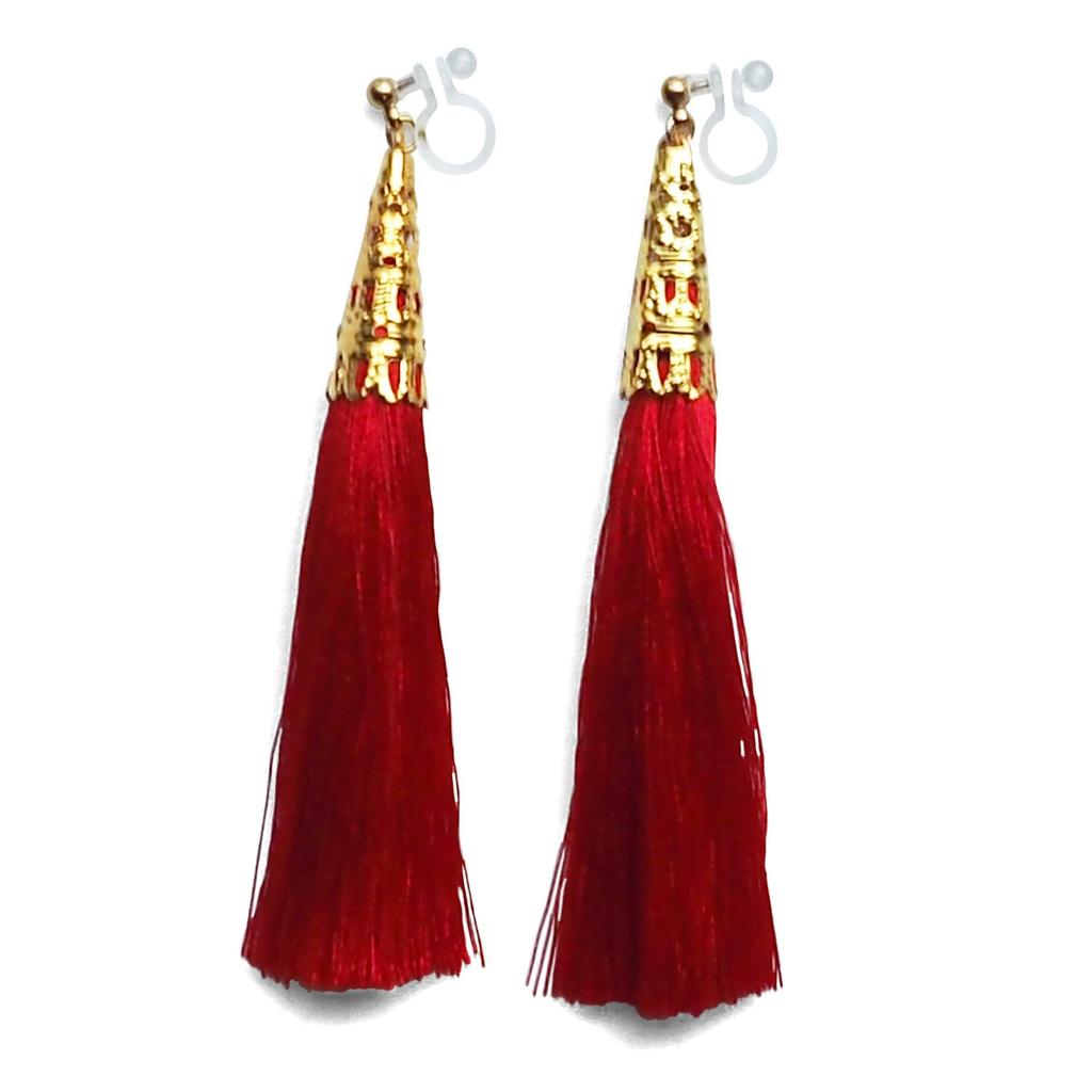Resin Dangling Long Red Tassel Earrings Large Pierced Earrings Red Fringe Earrings Popular Earrings Accessories Miyabi Grace Gold Non-Pierced Women's