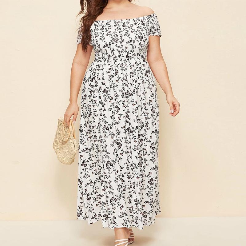 Summer Dress Plus Size Casual Bohemian Printed Strapless One Neck Split Dress Long Floral Dress