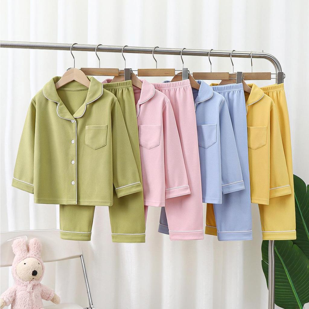 Toddler Baby Kids Unisex Casual Pajama Suit Boy Long Sleeve Front Pocket Lapel Tops+ Long Pants Girl Pajama Sets 1-16 Years