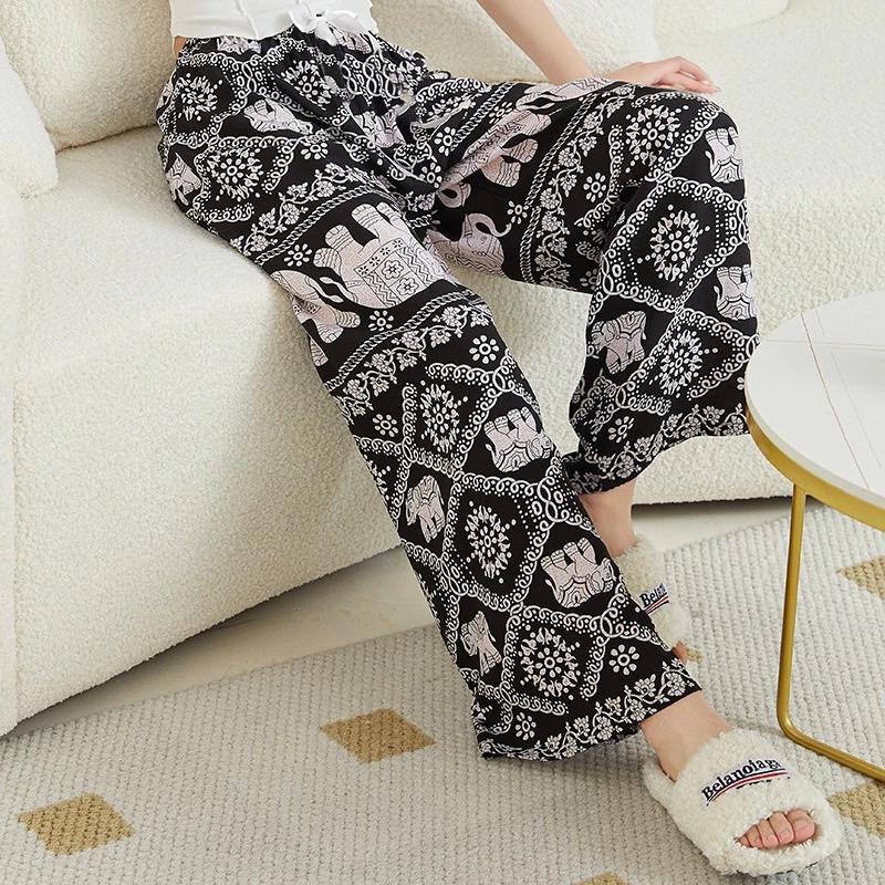 Dlouhé sloní kalhoty Nastavitelný elastický vysoký pas Popruh Volná nohavice Dámský potisk Thajsko Ležérní Streetwear Plážový Bohémský Retro Vintage