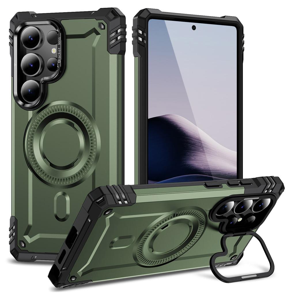 For Samsung Galaxy S25 Ultra Magnetic Case Lens Kickstand PC+TPU Shockproof Phone Cover