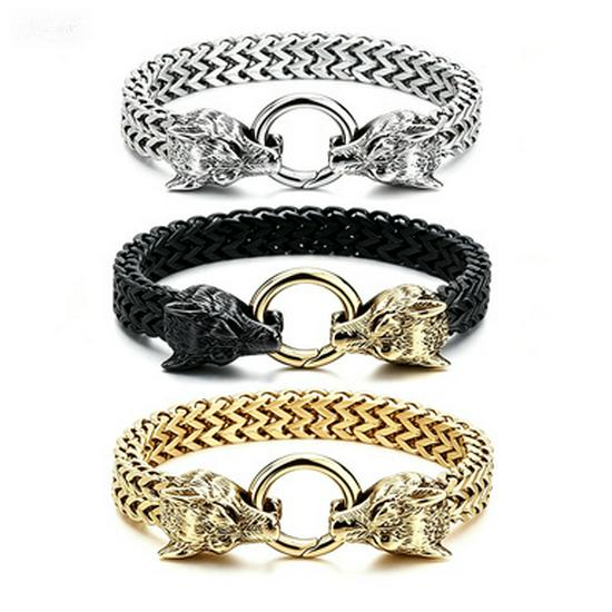 Bracciale Vikingo con Testa di Lupo in Acciaio Inossidabile con Catena a Maglia Franco Retro