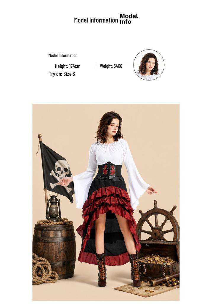 Abito Corsetto Arricciato Gonna Pirata - Costume Medievale di Halloween, Personalizzabile