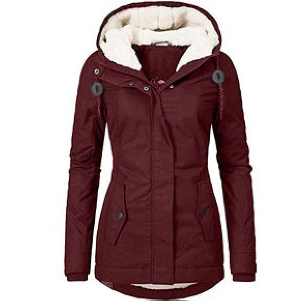 Women's Hooded Long Sleeve Slim Fit Mid Length Cotton Jacket Street Style Solid Outerwear Coat