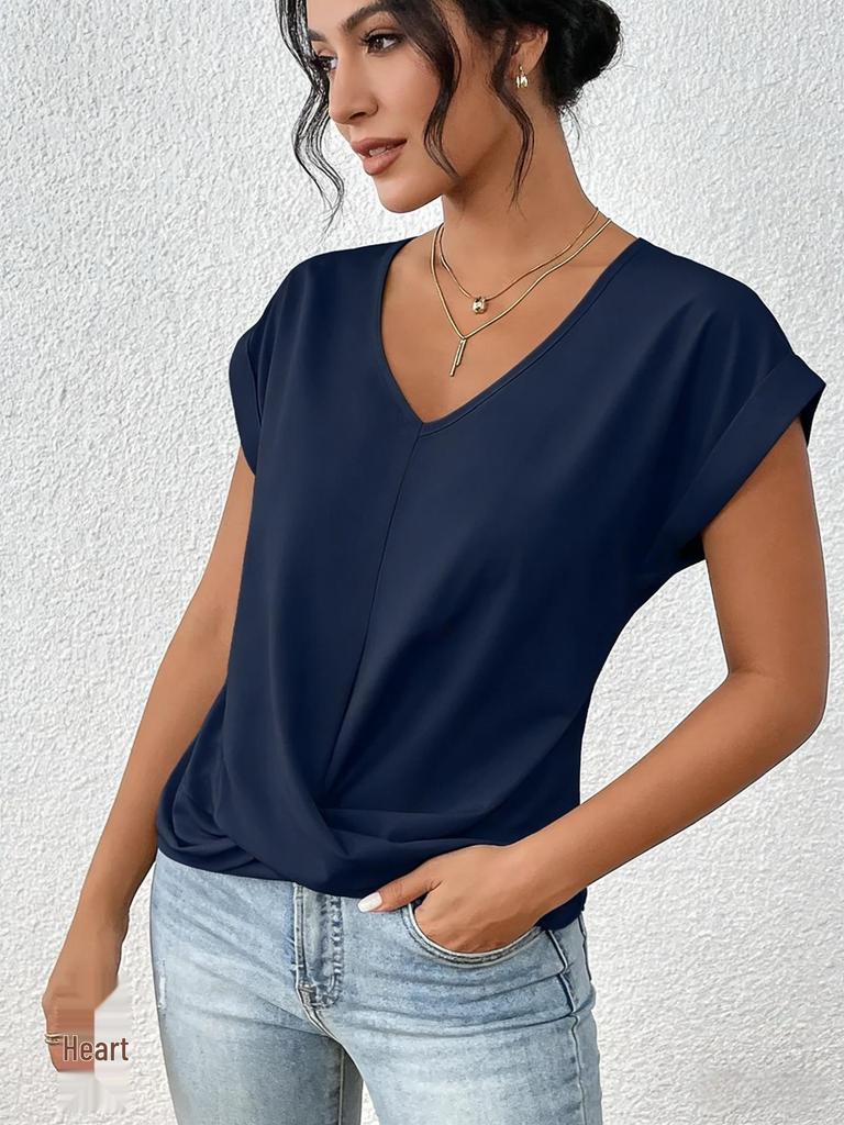 2026 Hot Sale Women's Solid Color V-neck T-shirt, Elegant Short-sleeved Top for Spring/Summer, European American Style