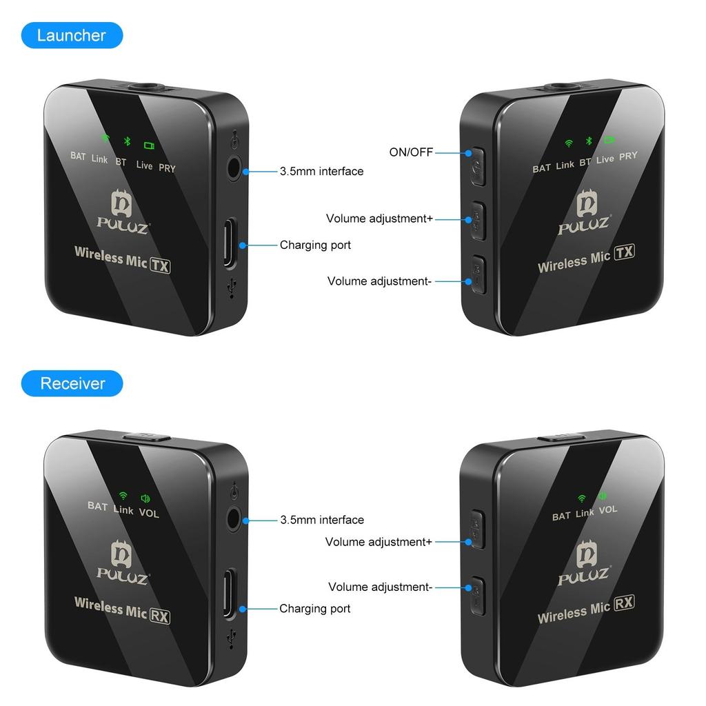 PULUZ 2.4G Wireless Lavalier Microphone,2 TX+1 RX,10-Hour Battery, Bluetooth/Video Modes, with Monitoring, Wind Muff, for Phone/PC/Livestream