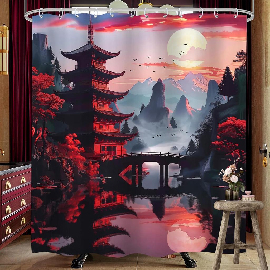Japanese Cherry Blossom Shower Curtain Watercolor Black Red Floral Asian Chinese Mountain Sun Anime Fabric Waterproof