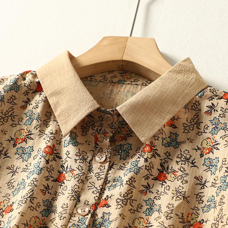 Summer Women Top Artistic Loose Floral Print Blouse Short Sleeve Casual Short Sleeve Patchwork Lapel Collar Shirt