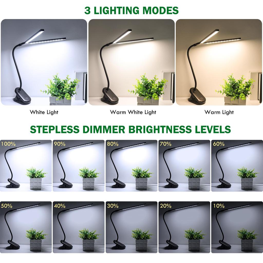 Clip-on LED Desk Lamp, Reading Lamp, Table Lamp - Deaunbr USB Rechargeable 48 LEDs, Eye-Friendly, Cordless, Bright, 3-Color Temperature Adjustment,