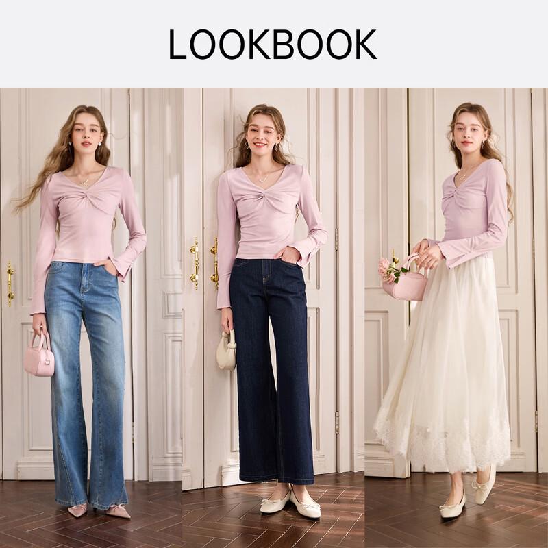 Xiangying Women's French V-Neck Long Sleeve Knitted Top with Bow Twist