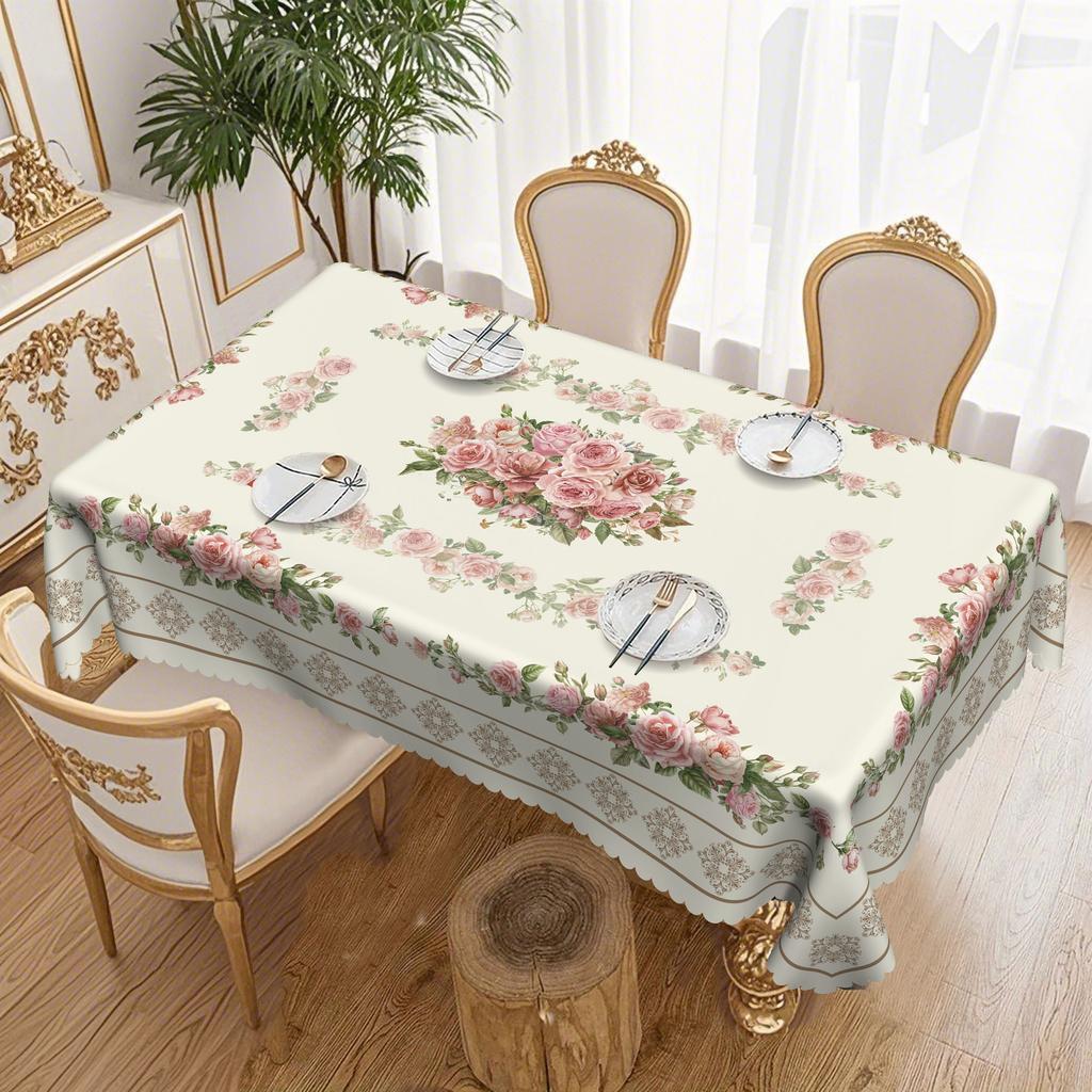 1 Vintage Floral Tablecloth, Elegant Rose Design, European Country Grid Decoration, Round Tablecloth