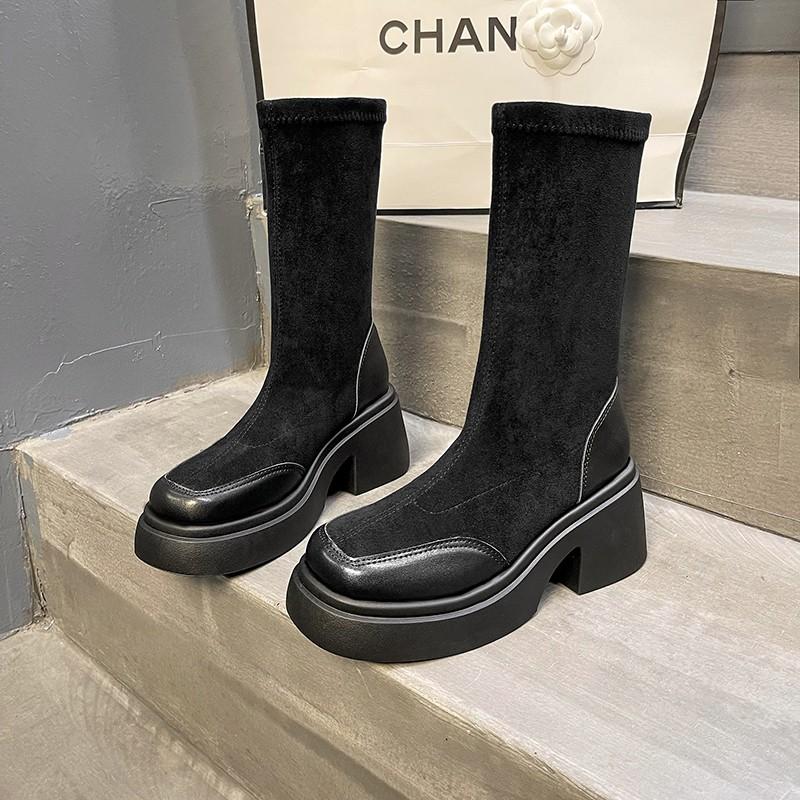 

Осень Зима Винтажная Платформа Женские Эластичные Сапоги до Колена Обувь на Толстой Подошве Лакированные Женские Панк Современные Длинные Боты 35