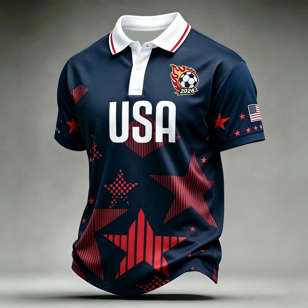 Men’s Casual Polo Shirt with Football Inspired Print and 2026 USA Flag Design Short Sleeve Comfortable Fit