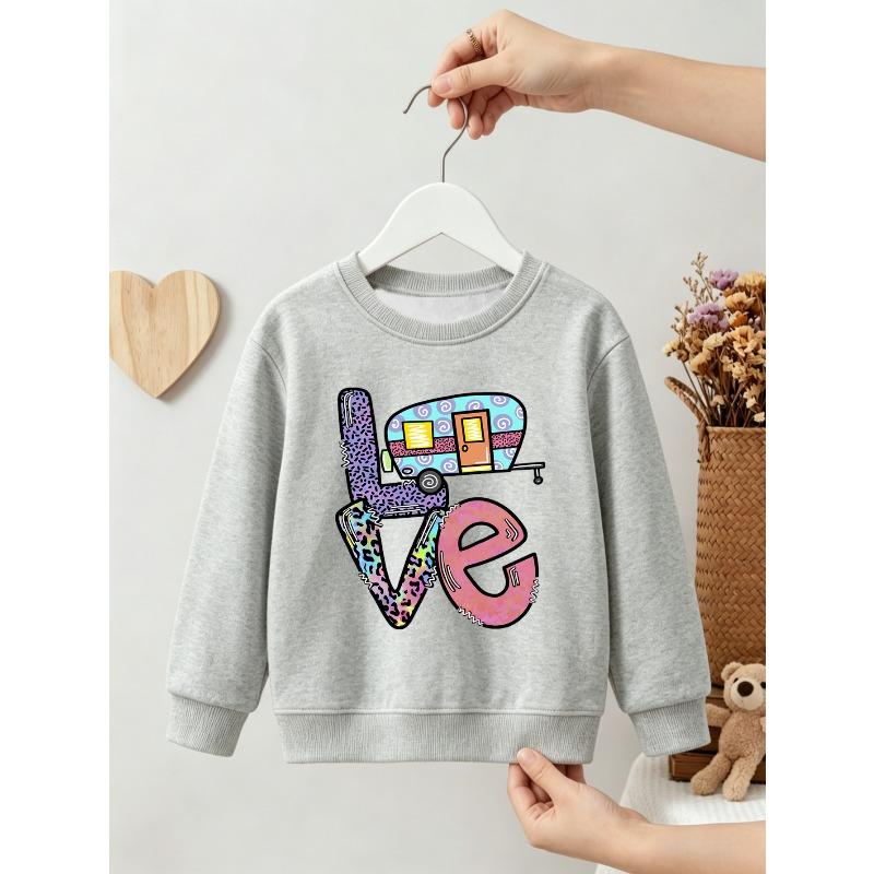 Kids Unisex Crewneck Sweatshirt, Colorful Leopard Print "Love" With Camper Car Cartoon Print Black Soft Fleece Pullover
