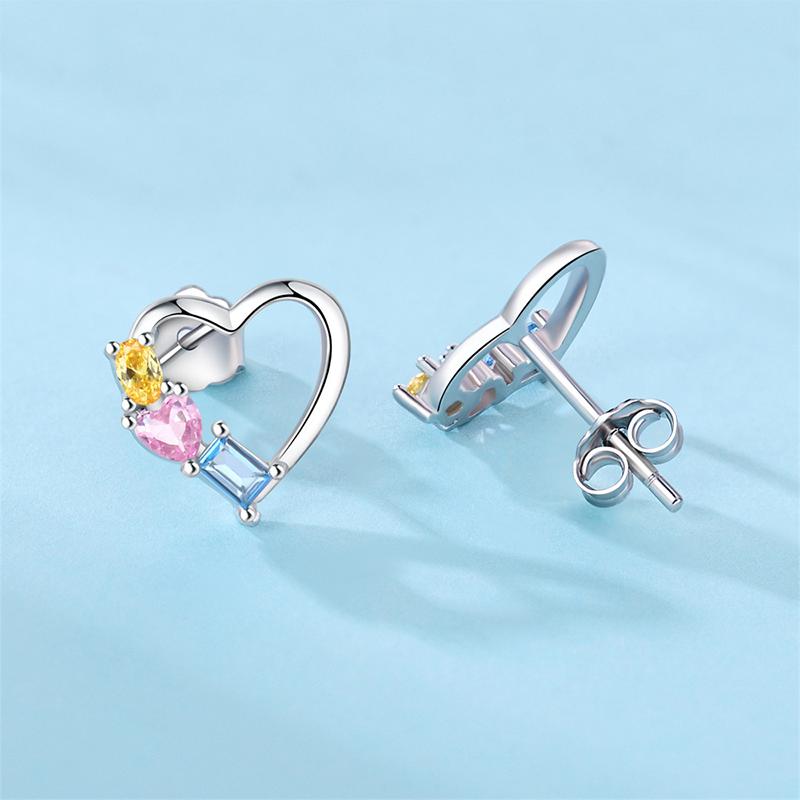 Barbie earrings [Pure Silver·Original Design] Hollow heart-shaped colorful zirconium earrings, elegant and high-end, ins style love ZJYES-YS-213